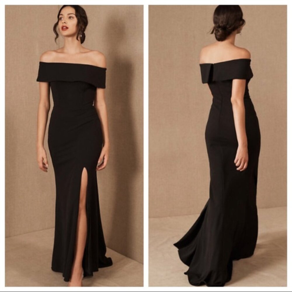 BHLDN Black Delice Crepe‎ Off The Shoulder Evening Maxi Dress Slit